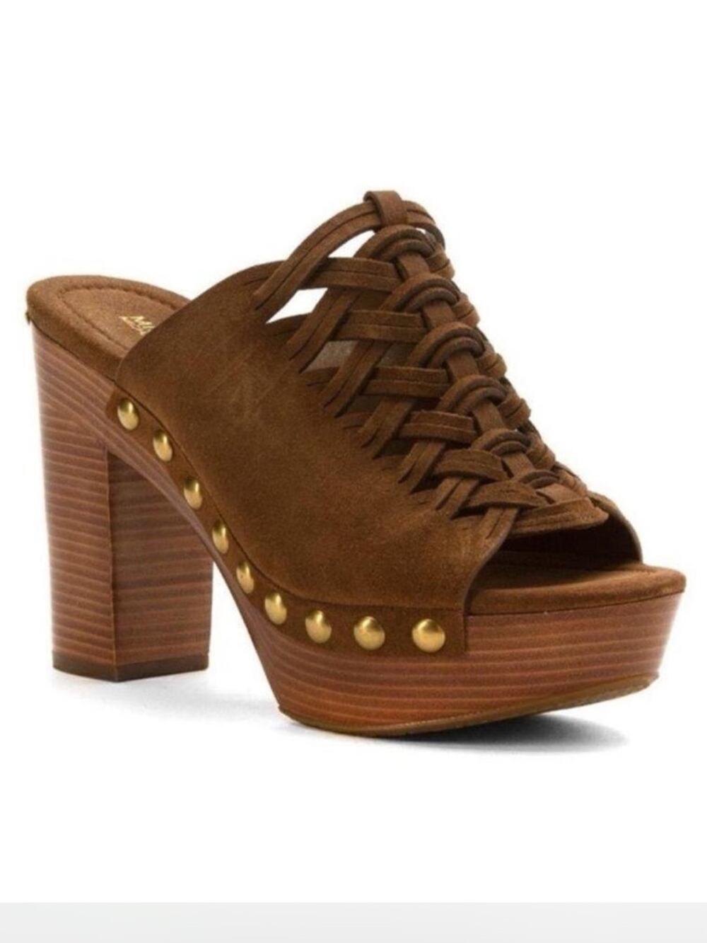 Michael Kors Westley Brown Suede Platform Mule Gold Stud Accents size 8.5 Flaw